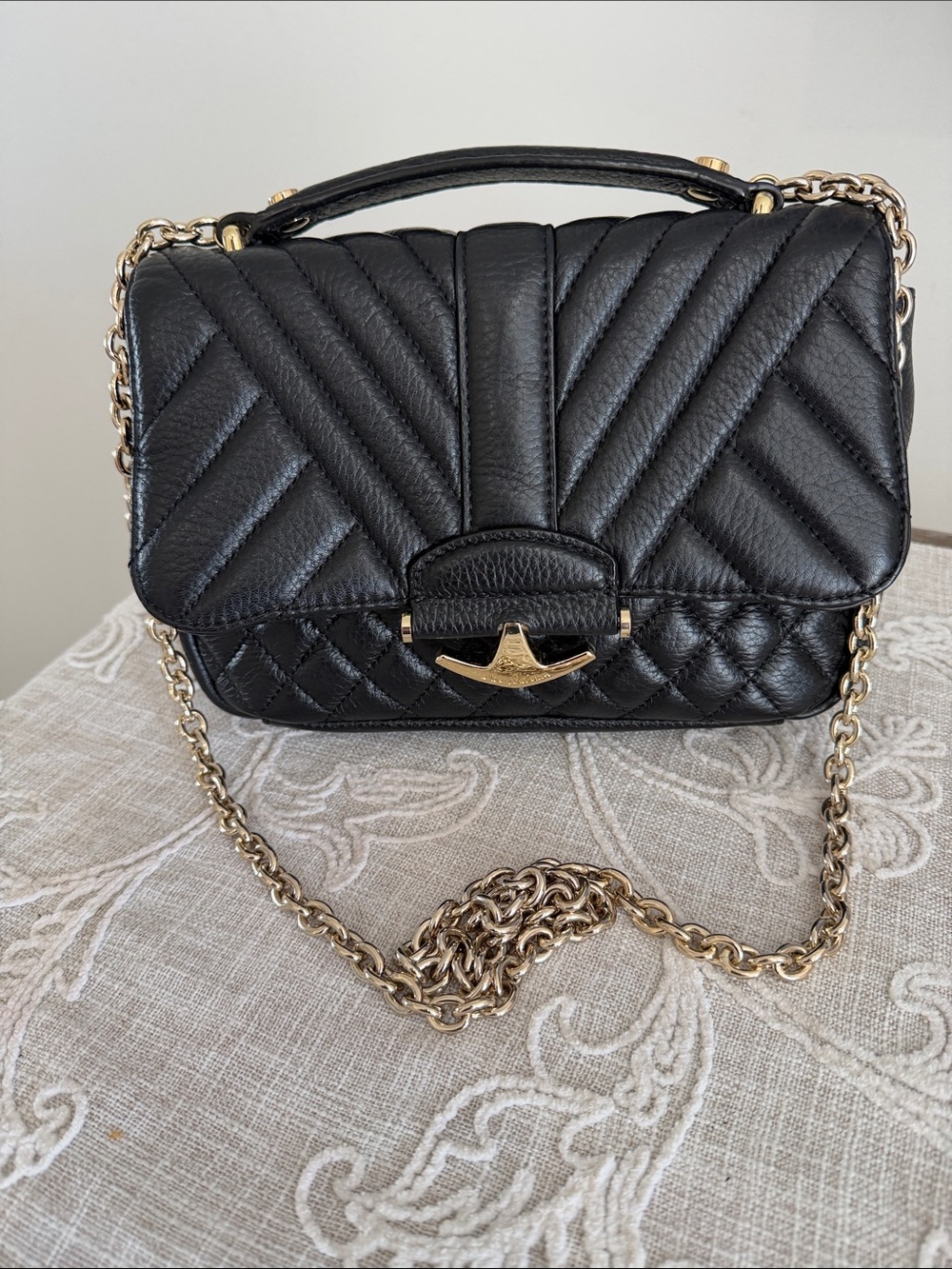 Sam Edelman Black Quilted Shoulder Bag with Gold Chain & Top Handle